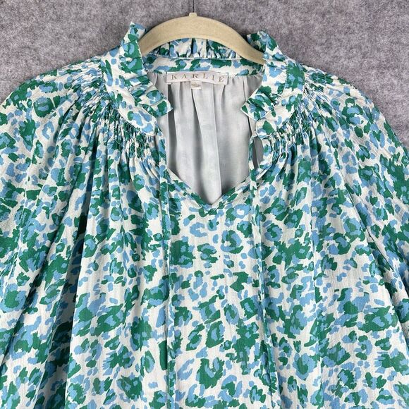 Karlie Blouse Top Womens L Colorful Leopard Print Boho Lined Blue Green Flowy* - Picture 2 of 15